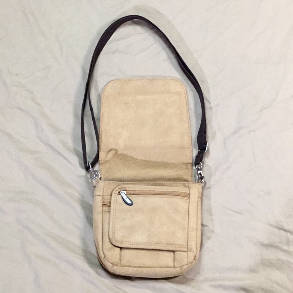 Travelon Crossbody Bag Tan Faux Suede Antitheft Travel Casual Everyday - Picture 3 of 7